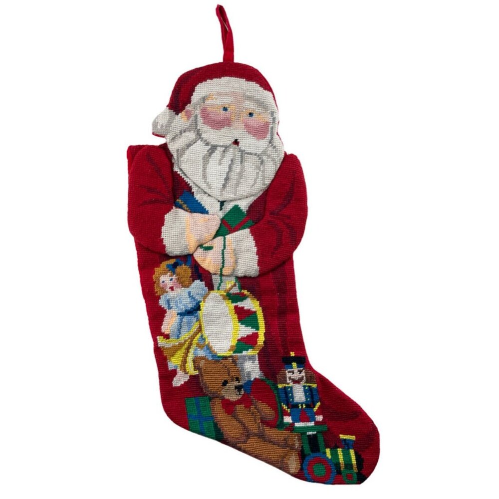 Christmas Stocking Needlepoint Santa Shape 21 in. Red White Handmade